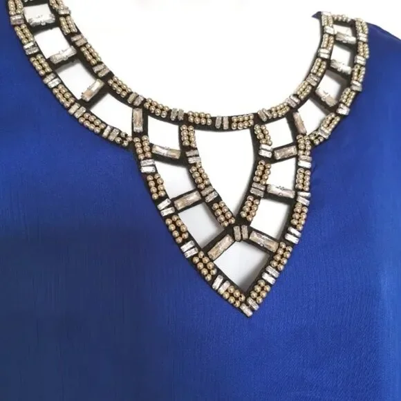 Vintage 80's Royal Blue and Crystals and beaded party blouse  top size S - Picture 3 of 6